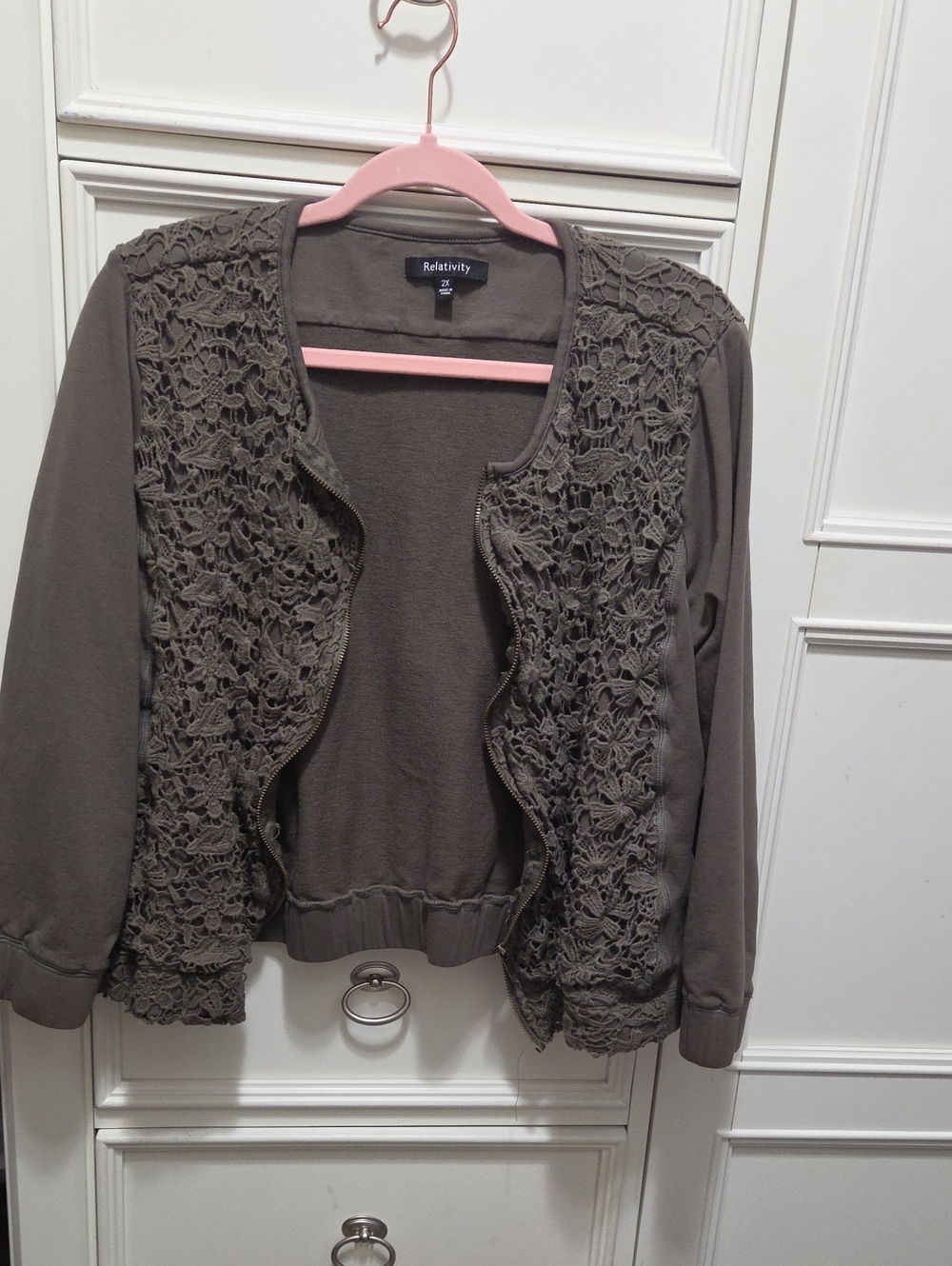 Relativity Olive Crochet-Front Bomber Jacket